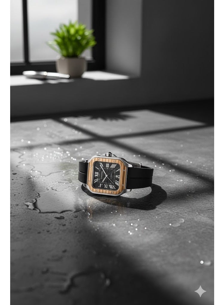 كارتييه ساعة يد رجالي فاخرة بتصميم مربع – إطار بلون ذهبي وردي مع سوار سيليكون أسود - Image 4